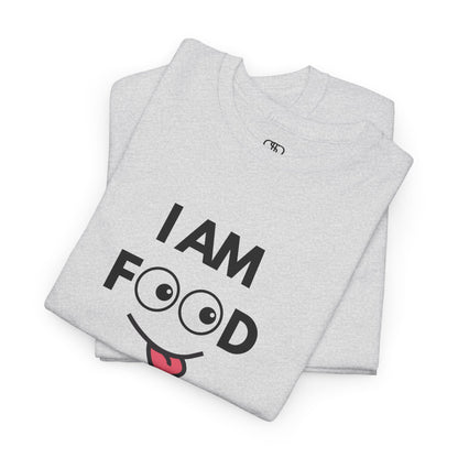 An ash gray folded T-shirt with "I AM FOOD" text, where the 'OO' are cartoon eyes, and a tongue-out graphic.