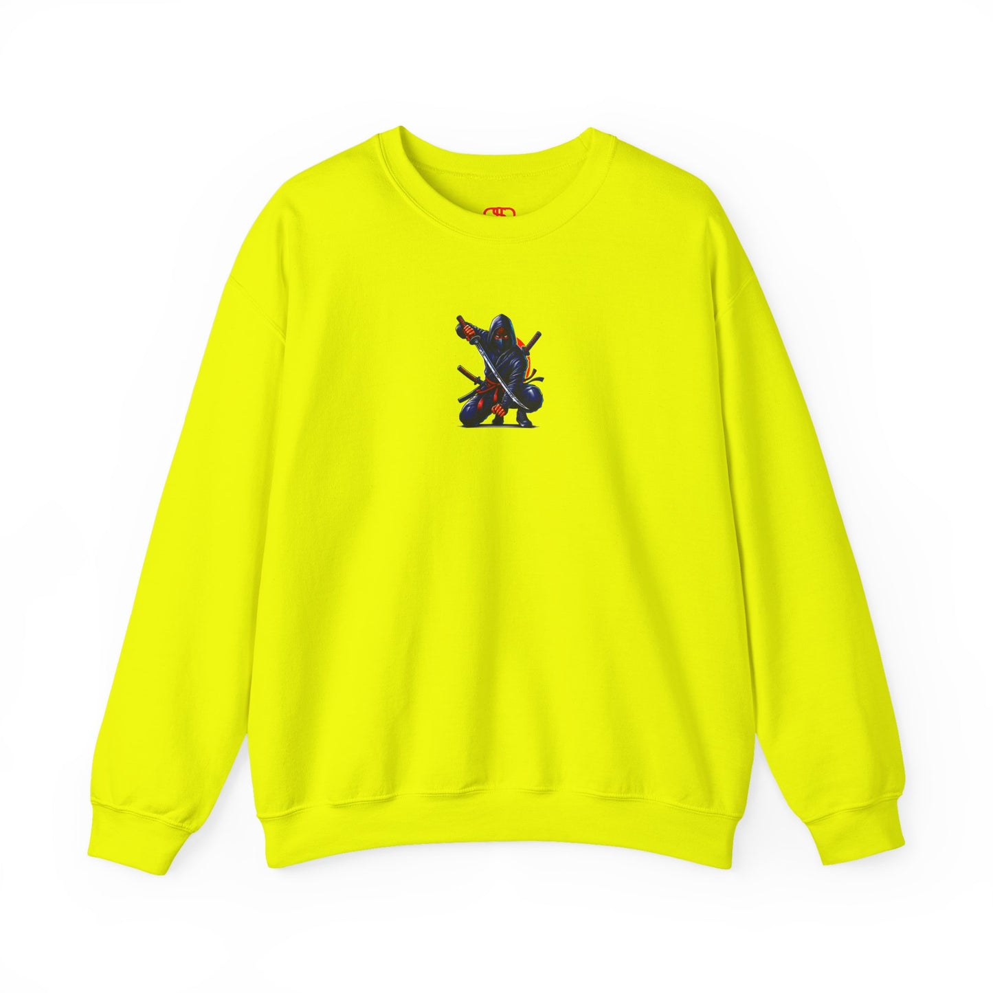 A safety green sweatshirt featuring a Crouching ninja with two katanas and "Bushido" text, red and black Japanese-inspired sweatshirt design.