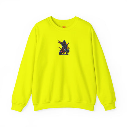 A safety green sweatshirt featuring a Crouching ninja with two katanas and "Bushido" text, red and black Japanese-inspired sweatshirt design.