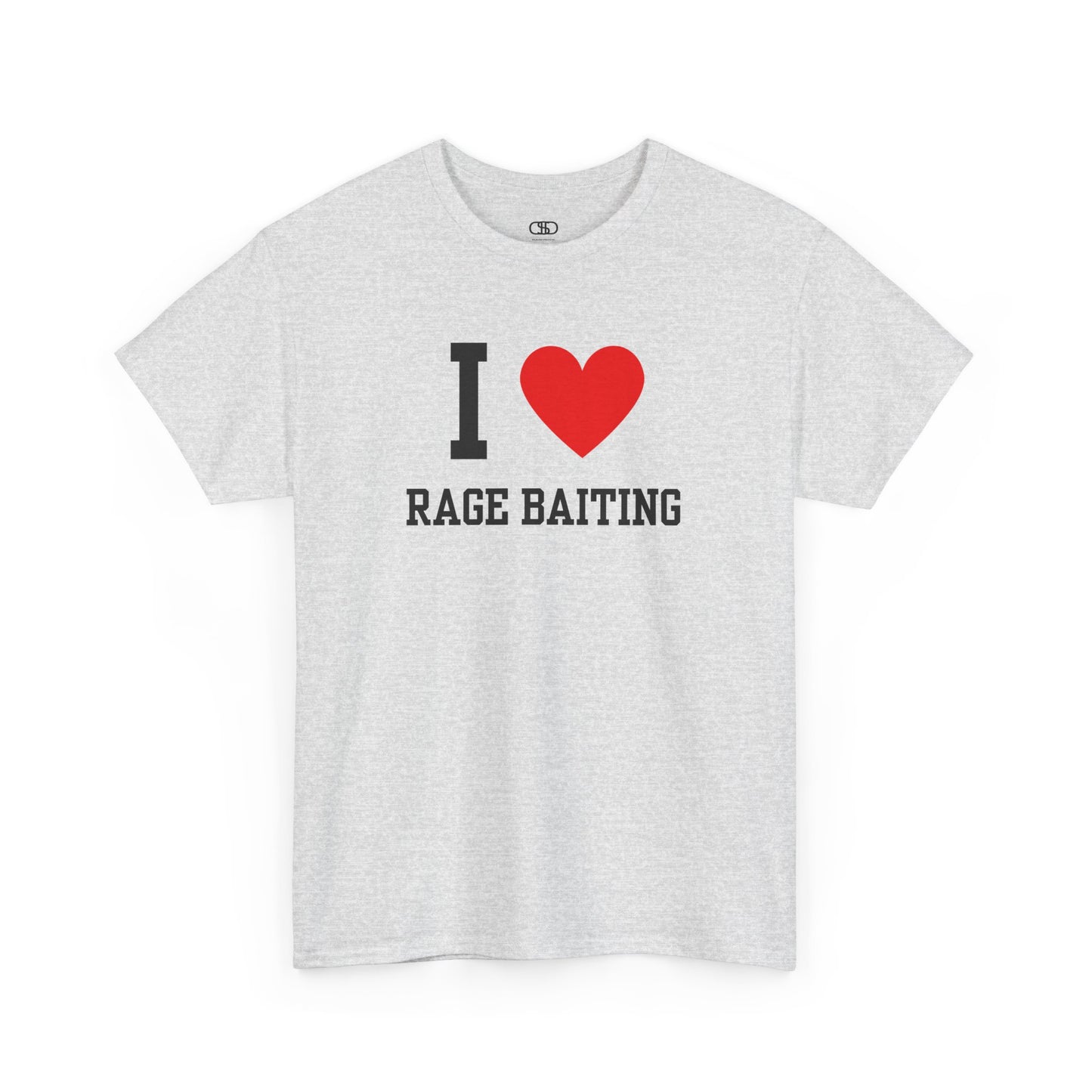 A t-shirt featuring the classic "I Love" graphic style with the text "I," a red heart, and the words "Rage Baiting" below it.
