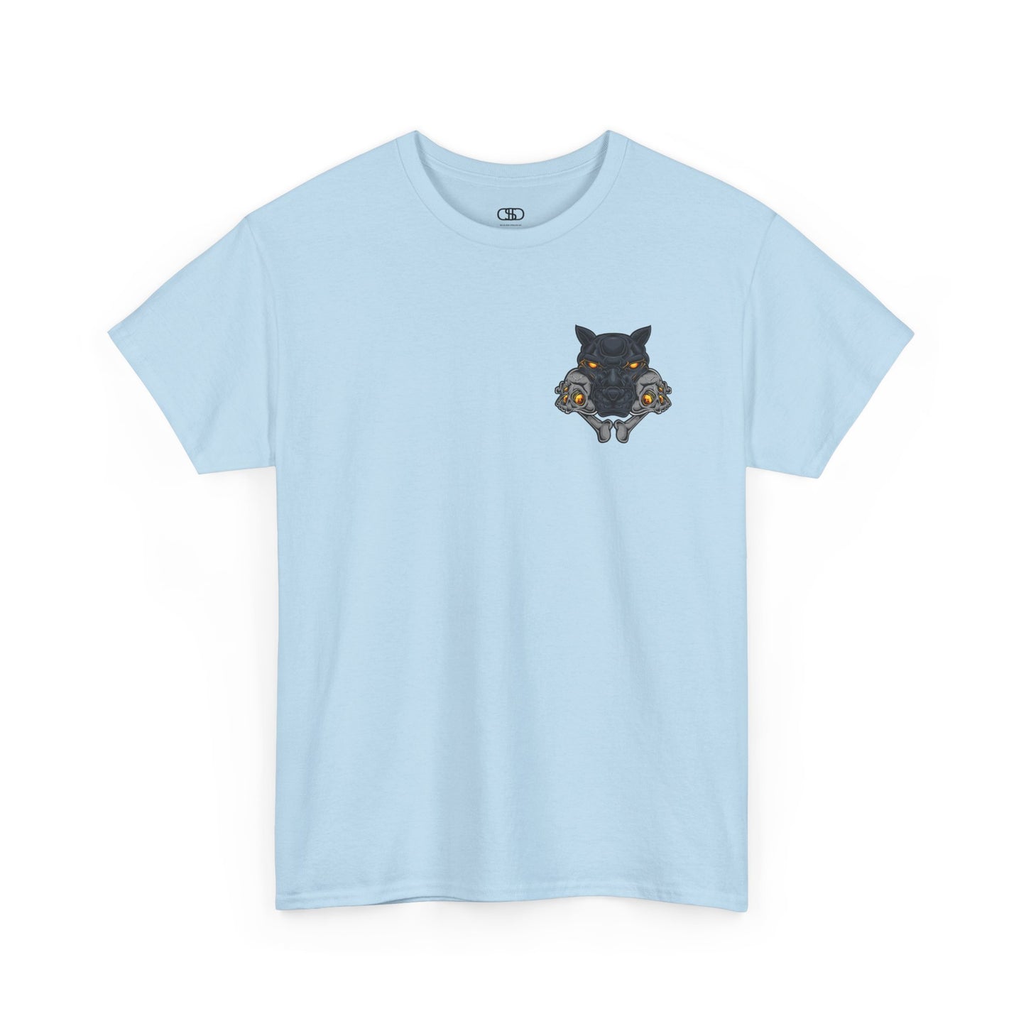 A light blue T-shirt with a daring dog graphic biting two skulls, all with glowing molten lava-like eyes.