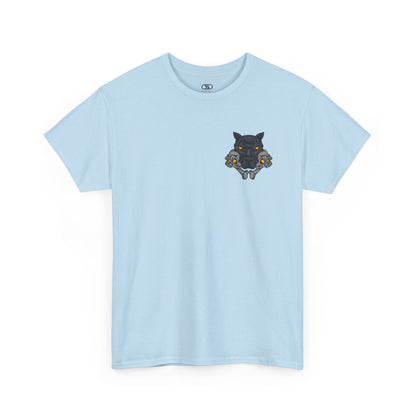 A light blue T-shirt with a daring dog graphic biting two skulls, all with glowing molten lava-like eyes.