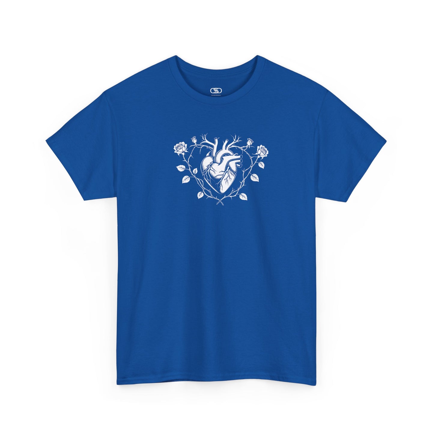 A royal blue t-shirt with a heart surrounded by thorn vines, red roses, and green leaves graphic.