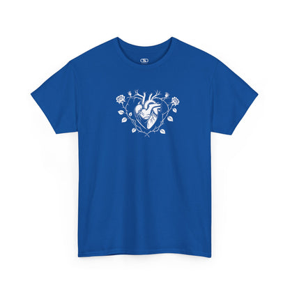 A royal blue t-shirt with a heart surrounded by thorn vines, red roses, and green leaves graphic.