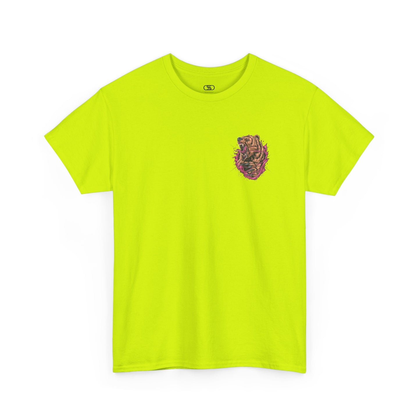 A safety green T-shirt with a graphic of a raging bear ripping through the fabric, growling, with claws out and red eyes.
