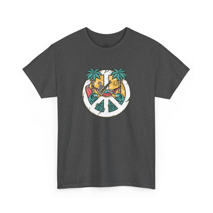 T-shirt showing a skeleton with a peace sign head, lying in a hammock playing a guitar between two palm trees with waves in the background.