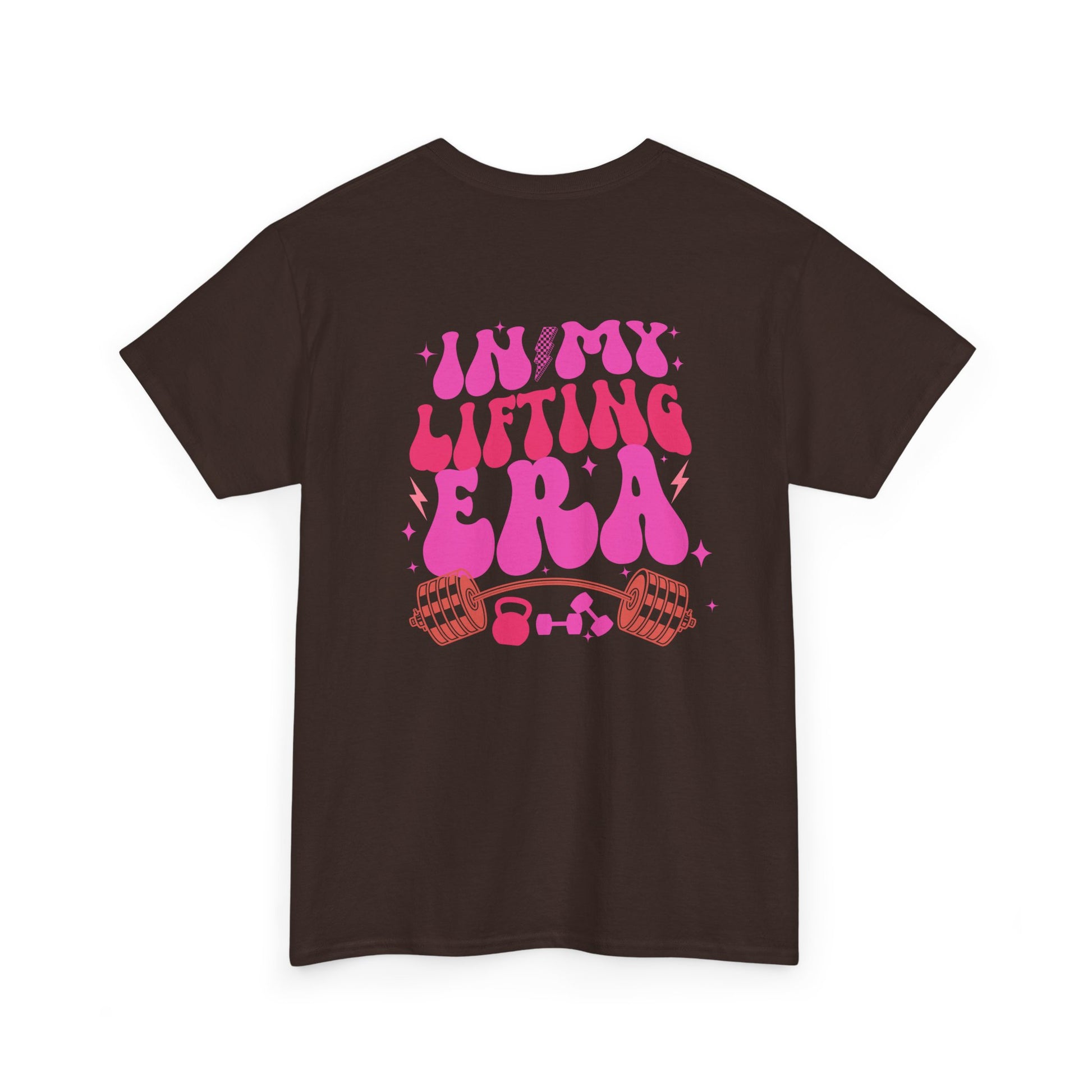 A dark brown t-shirt with a retro smiley face on the front and the phrase “In my lifting Era” in a creative retro design on the back.