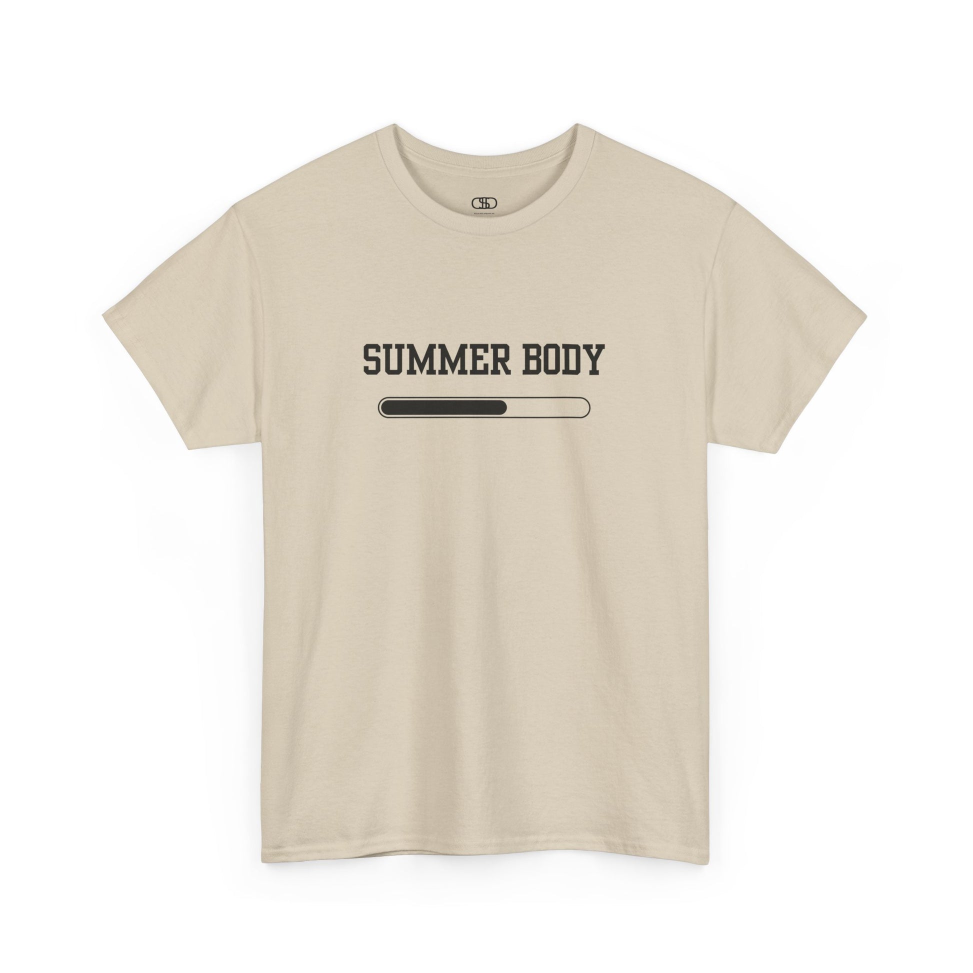 A sand t-shirt with a loading bar and “Summer Body” on the front and “I left my summer body at home I prefer not to show off” on the back.