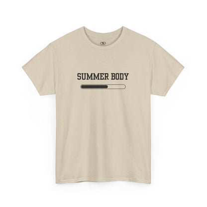 A sand t-shirt with a loading bar and “Summer Body” on the front and “I left my summer body at home I prefer not to show off” on the back.