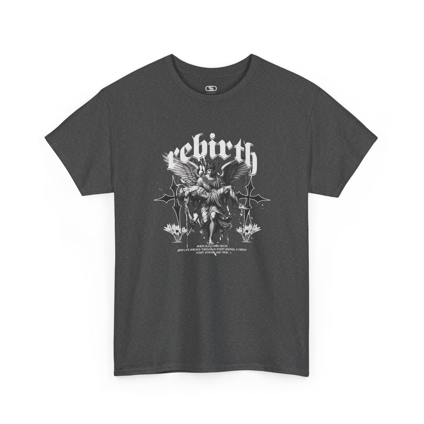 A dark heather gray T-shirt featuring a Angel carrying a figure with "Rebirth" text, white and black gothic spiritual art t-shirt.