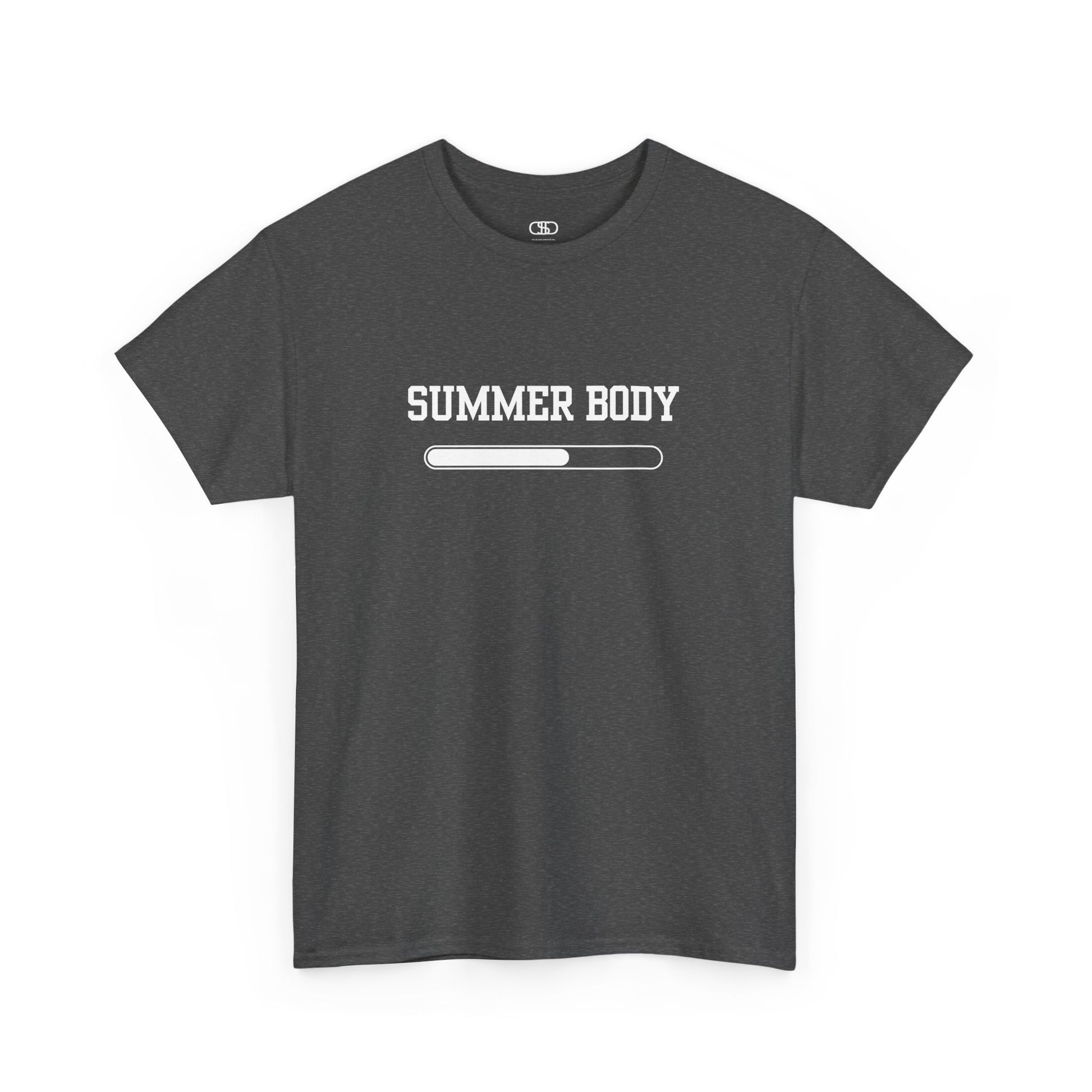 A heather Gray t-shirt with a loading bar and “Summer Body” on the front and “I left my summer body at home I prefer not to show off” on the back.