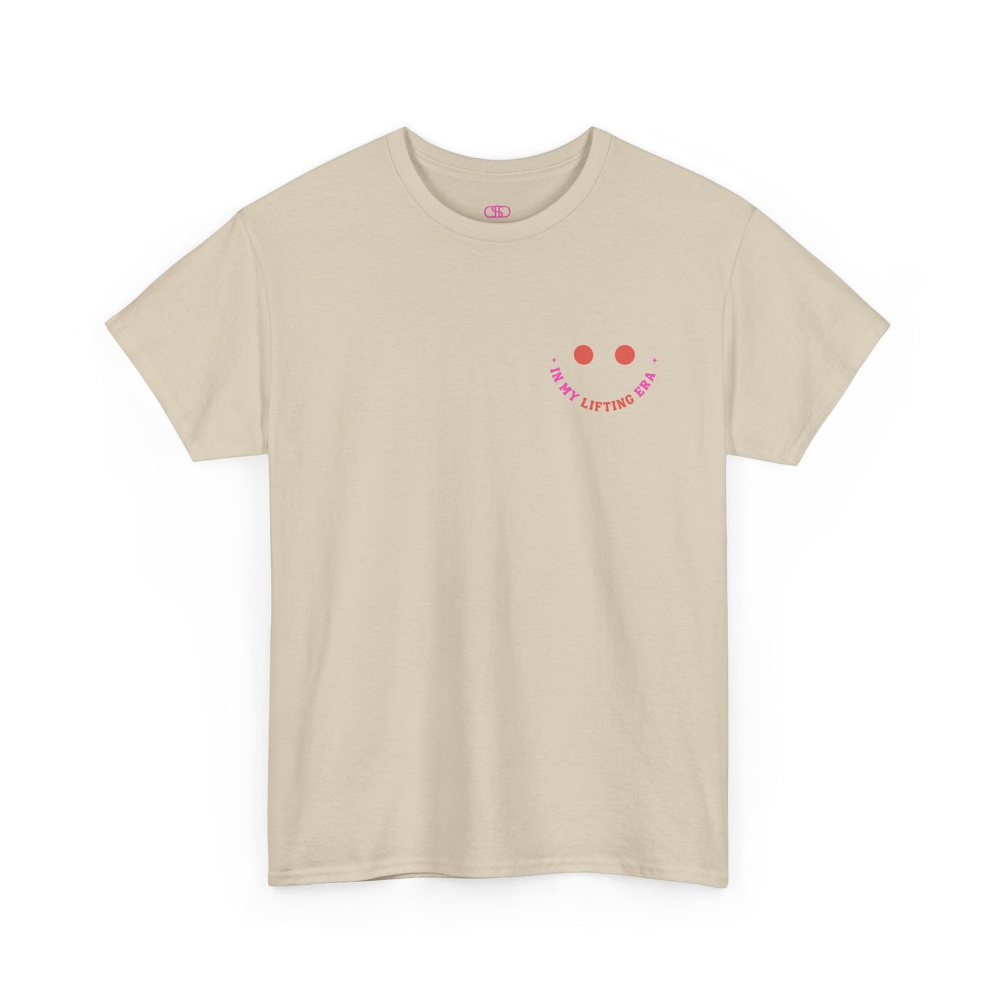 A t-shirt with a retro smiley face on the front and the phrase “In my lifting Era” in a creative retro design on the back.