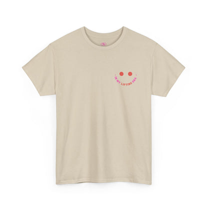 A t-shirt with a retro smiley face on the front and the phrase “In my lifting Era” in a creative retro design on the back.