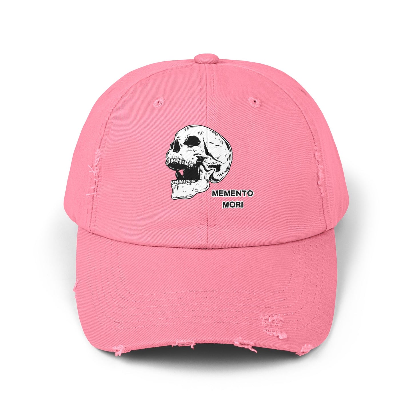 Memento Mori Distressed Hat – Skull Embroidered Cap with Gothic Flair