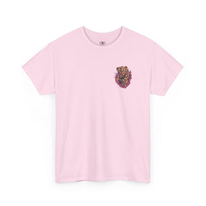 A light pink T-shirt with a graphic of a raging bear ripping through the fabric, growling, with claws out and red eyes.