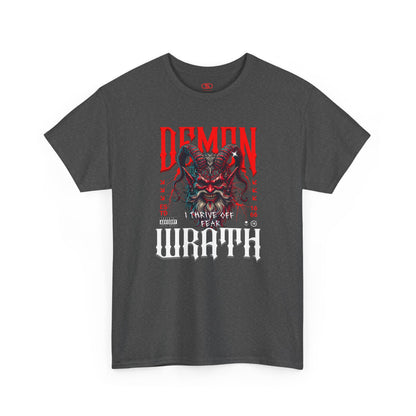 A heather gray t-shirt featuring a Red horned demon head with "Demon Wrath" text and lightning, gothic horror t-shirt design