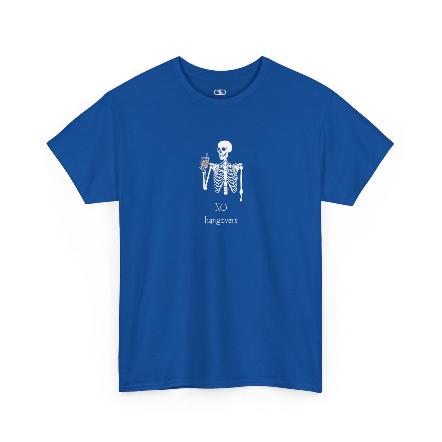  A royal blue T-shirt with a skeleton holding a drink graphic and "No Hangovers" text.