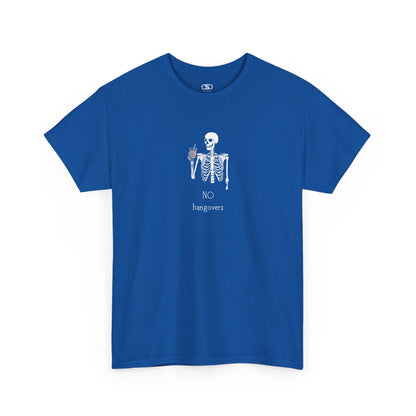 A royal blue T-shirt with a skeleton holding a drink graphic and "No Hangovers" text.