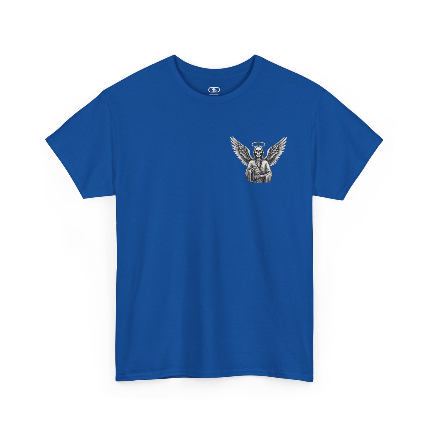 A royal blue t-shirt with a skeleton angel on the front and the phrase “Shh. No one Cares” on the back.