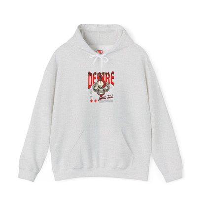 An ash gray hoodie featuring a Horned skull with glowing eye and red snake wrapped around it, "Desire Death's Touch" text, gothic hoodie design.