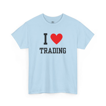 A minimalist t-shirt featuring the "I Love  design with the text "I," a red heart symbol, and the word "Trading" underneath.