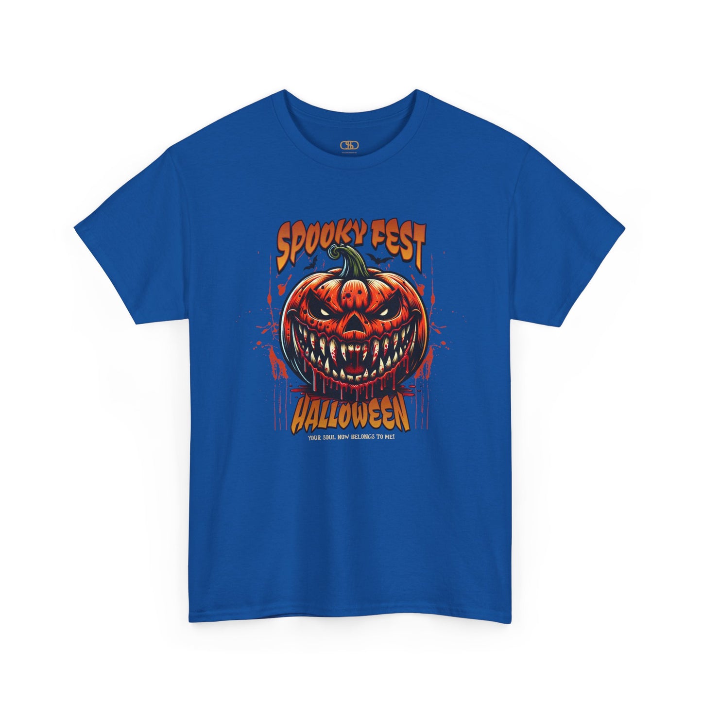 A royal blue t-shirt featuring a Scary fanged jack-o'-lantern with "Spooky Fest Halloween Your Soul Now Belongs To Me!" text, orange and black horror t-shirt.