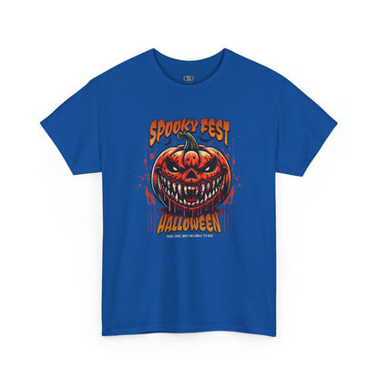 A royal blue t-shirt featuring a Scary fanged jack-o'-lantern with "Spooky Fest Halloween Your Soul Now Belongs To Me!" text, orange and black horror t-shirt.