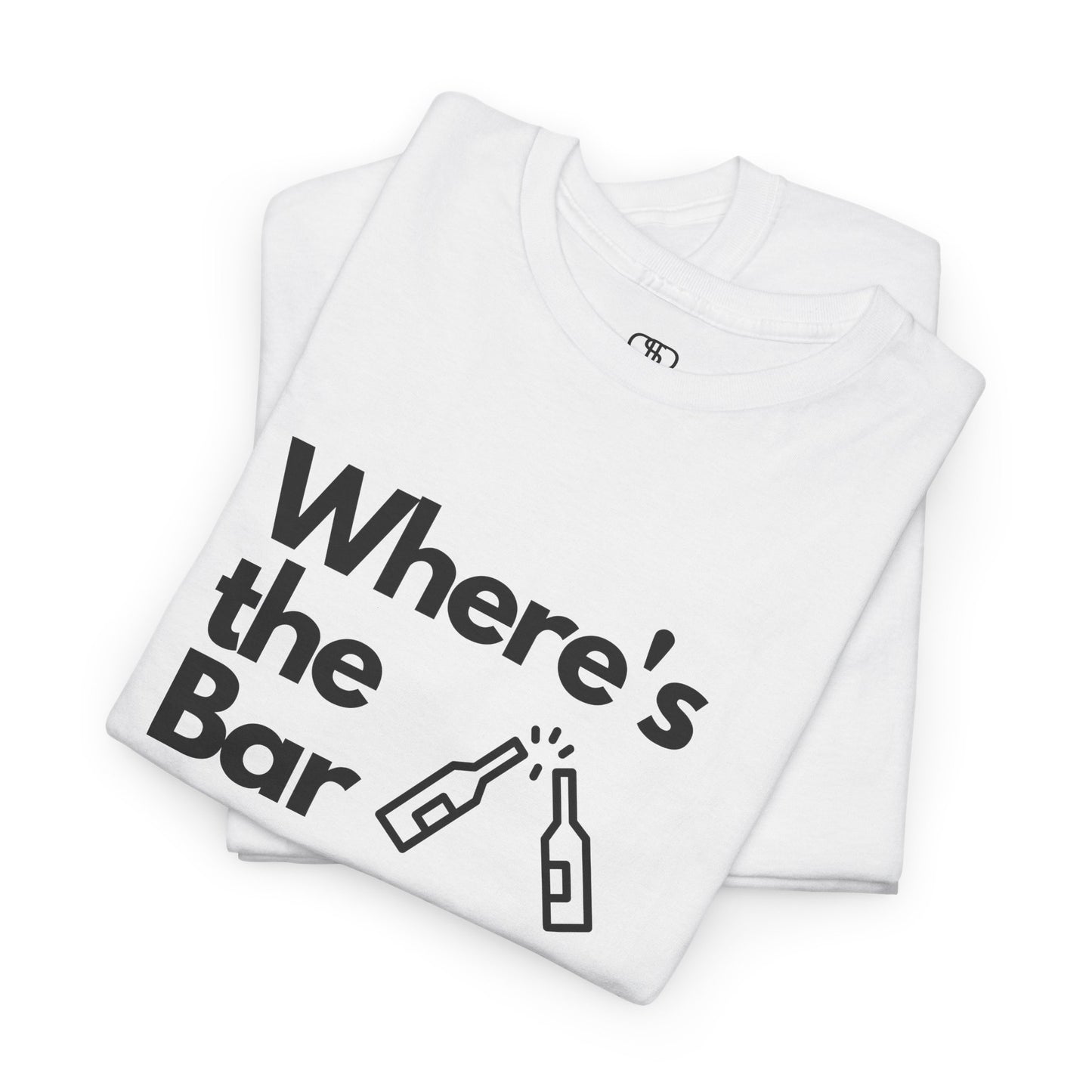A folded T-shirt with "Where’s the Bar" text, two beer bottles cheering, and "I Need a Drink" text.
