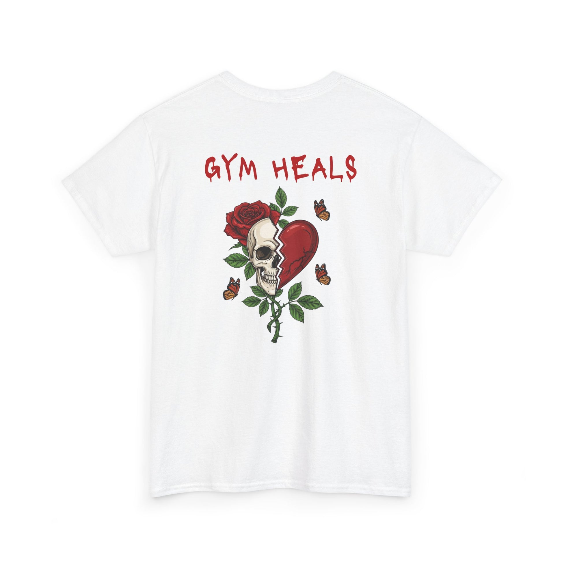 A white t-shirt with a front design of a half skull, half broken heart, and a rose. The back reads "Gym Heals" in red.