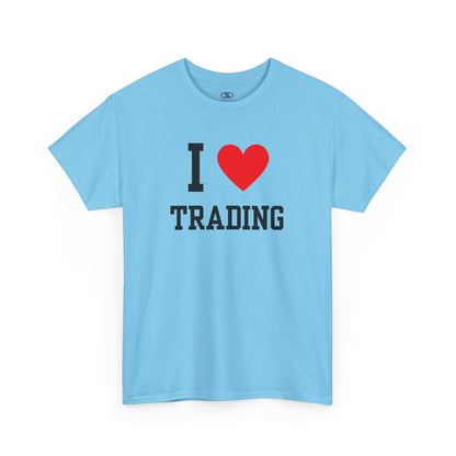 A minimalist t-shirt featuring the "I Love  design with the text "I," a red heart symbol, and the word "Trading" underneath.