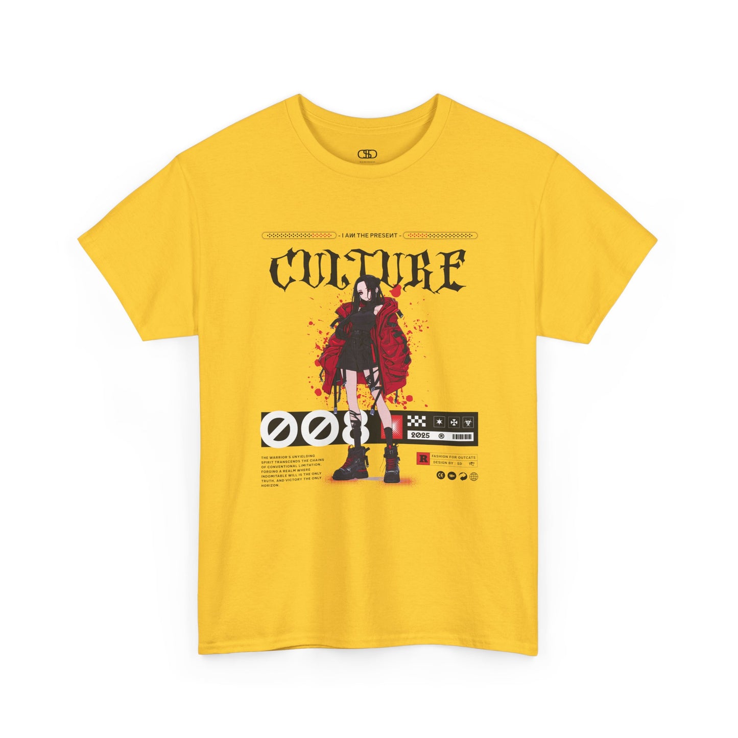 A daisy yellow T-shirt with a futuristic female anime character, "I Am The Present" and "Culture" text, and an inspirational memo.