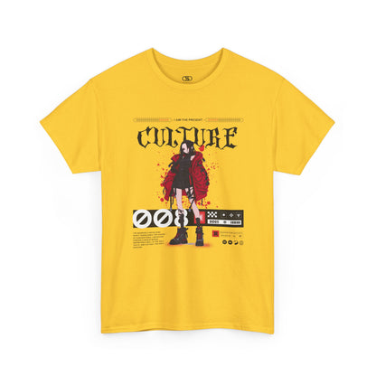 A daisy yellow T-shirt with a futuristic female anime character, "I Am The Present" and "Culture" text, and an inspirational memo.