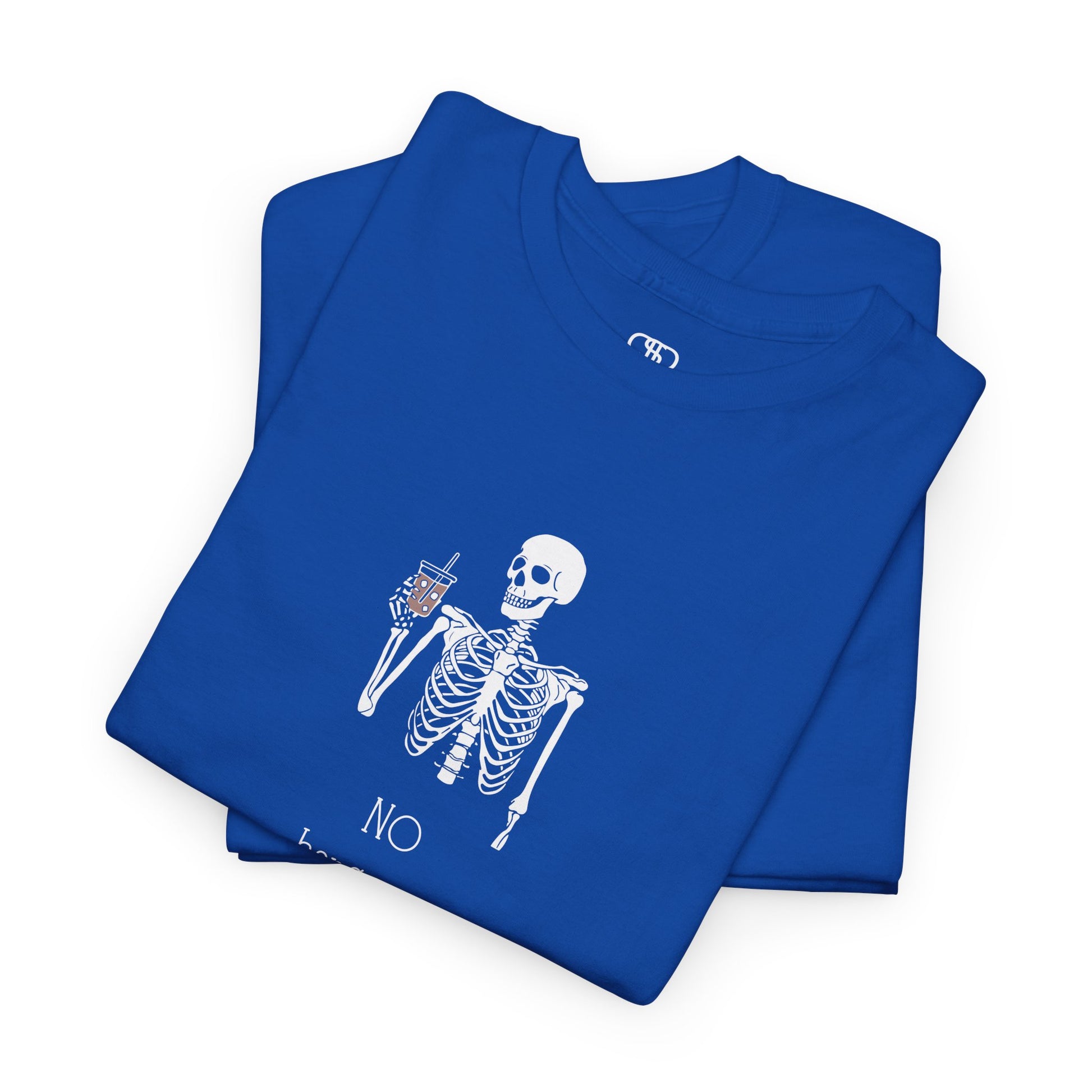 A folded neon blue  T-shirt with a skeleton holding a drink graphic and "No Hangovers" text.