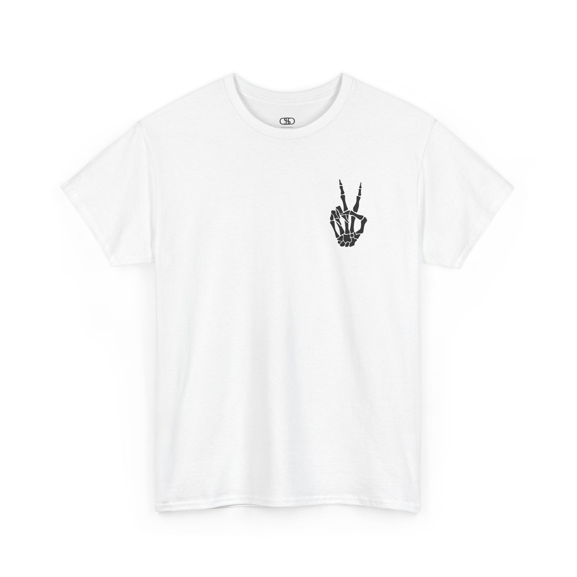 A [White] t-shirt with a skeletal peace sign on the front and the phrase “Have the day you deserve” with a large skeletal peace sign on the back.