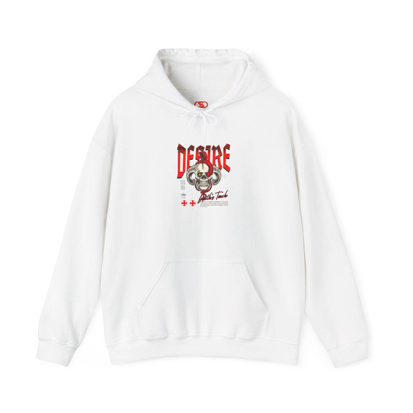 A white hoodie featuring a Horned skull with glowing eye and red snake wrapped around it, "Desire Death's Touch" text, gothic hoodie design.