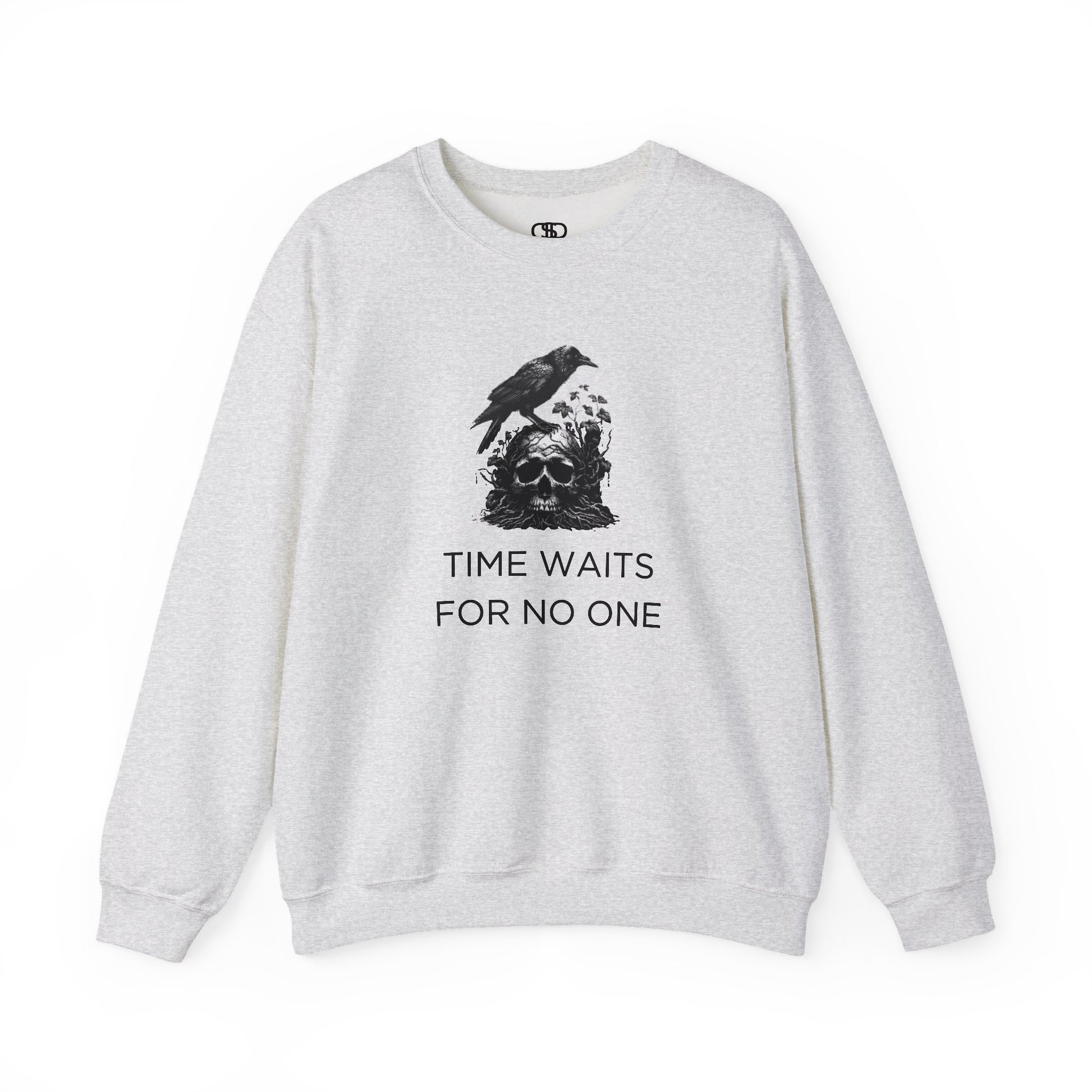 A sweatshirt featuring a detailed illustration of a crow perched on a human skull that is intertwined with overgrown vines and moss. Along with the words Time Waits For No One. 