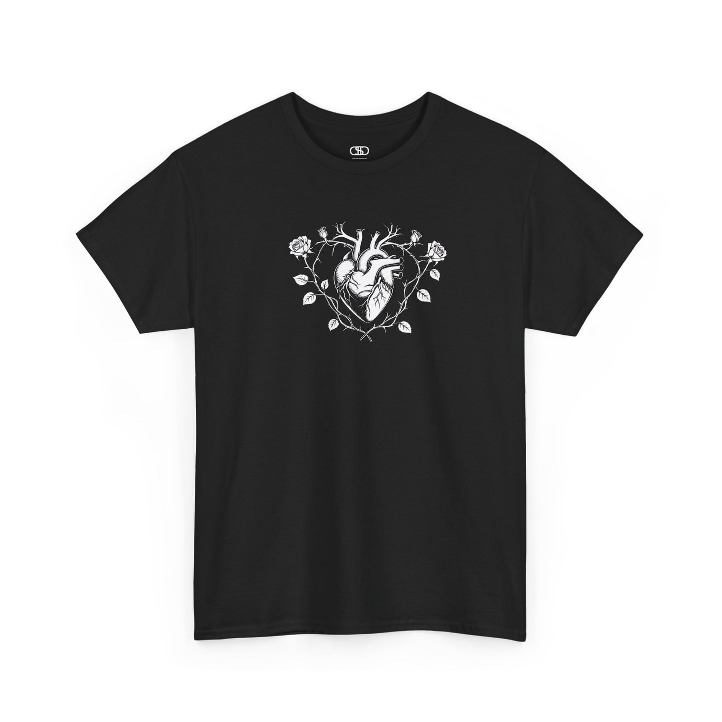 Black t-shirt with a heart surrounded by thorn vines, red roses, and green leaves graphic.