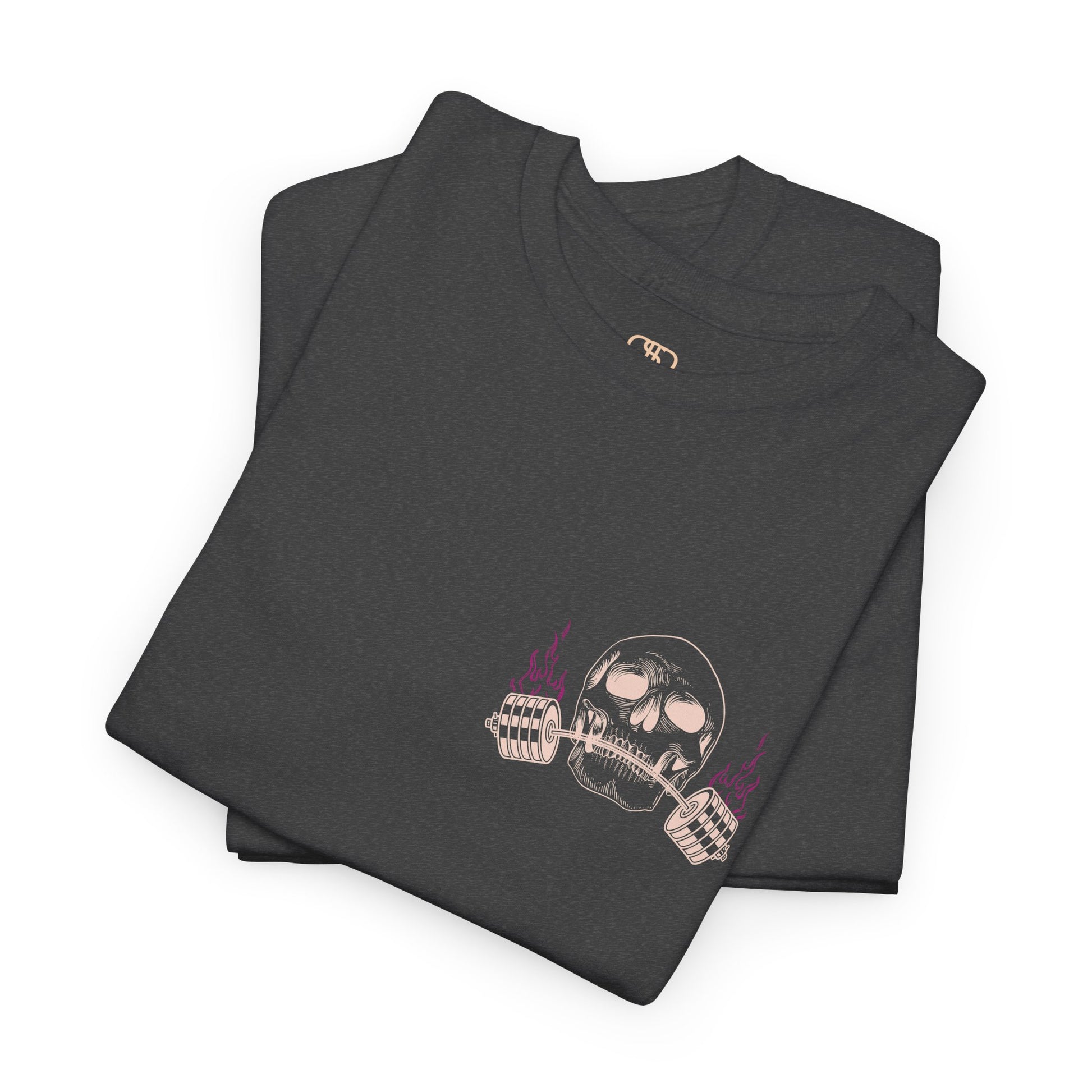 A folded dark heather t-shirt with a skull lifting a barbell on the front and the words “Gym Therapy In Session” with the same skull on the back.