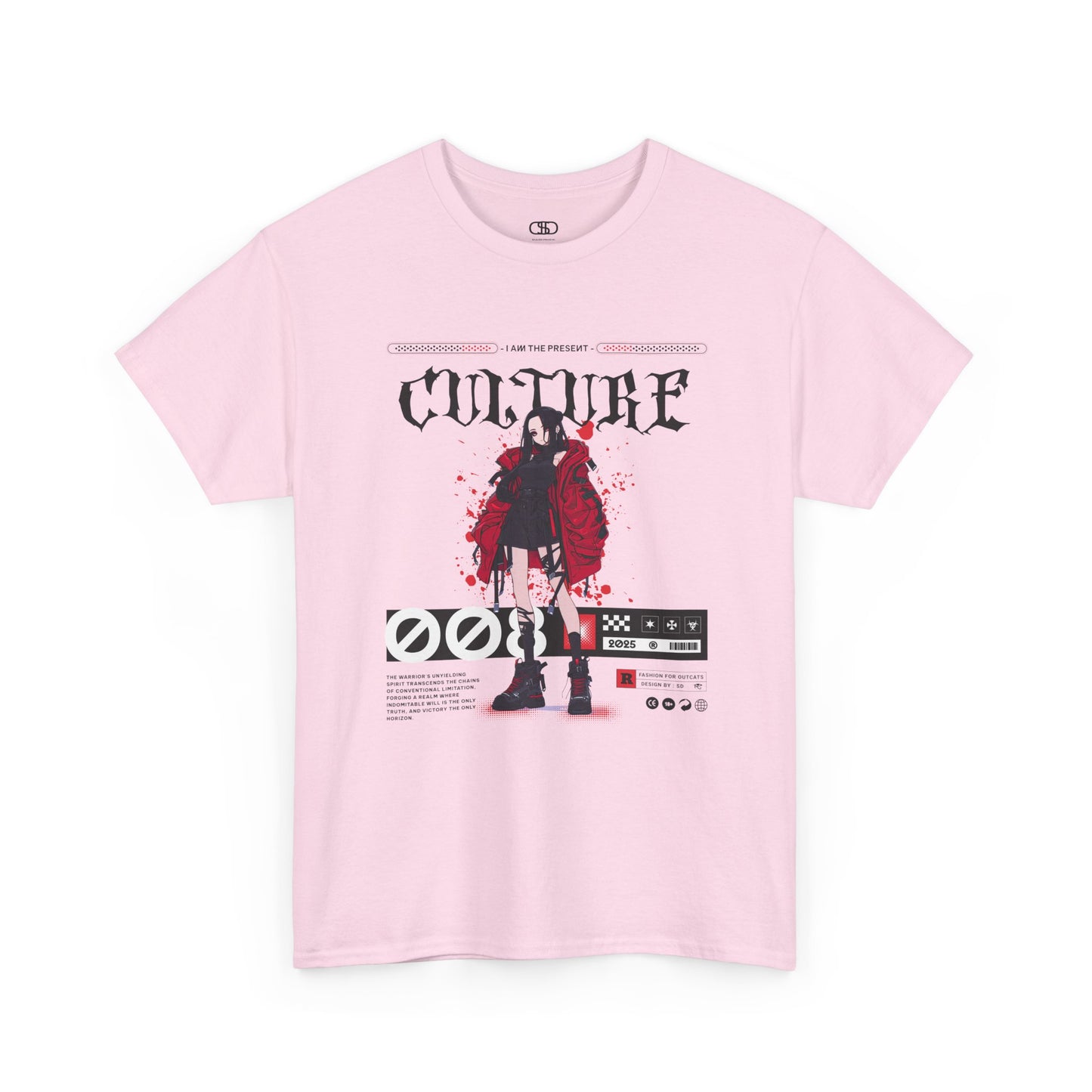 A light Pink T-shirt with a futuristic female anime character, "I Am The Present" and "Culture" text, and an inspirational memo.