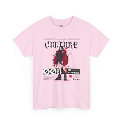 A light Pink T-shirt with a futuristic female anime character, "I Am The Present" and "Culture" text, and an inspirational memo.