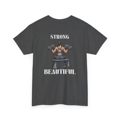 A heather t-shirt with a woman lifting weights on the front with "I am strong" and a larger design on the back stating “Strong is beautiful.”