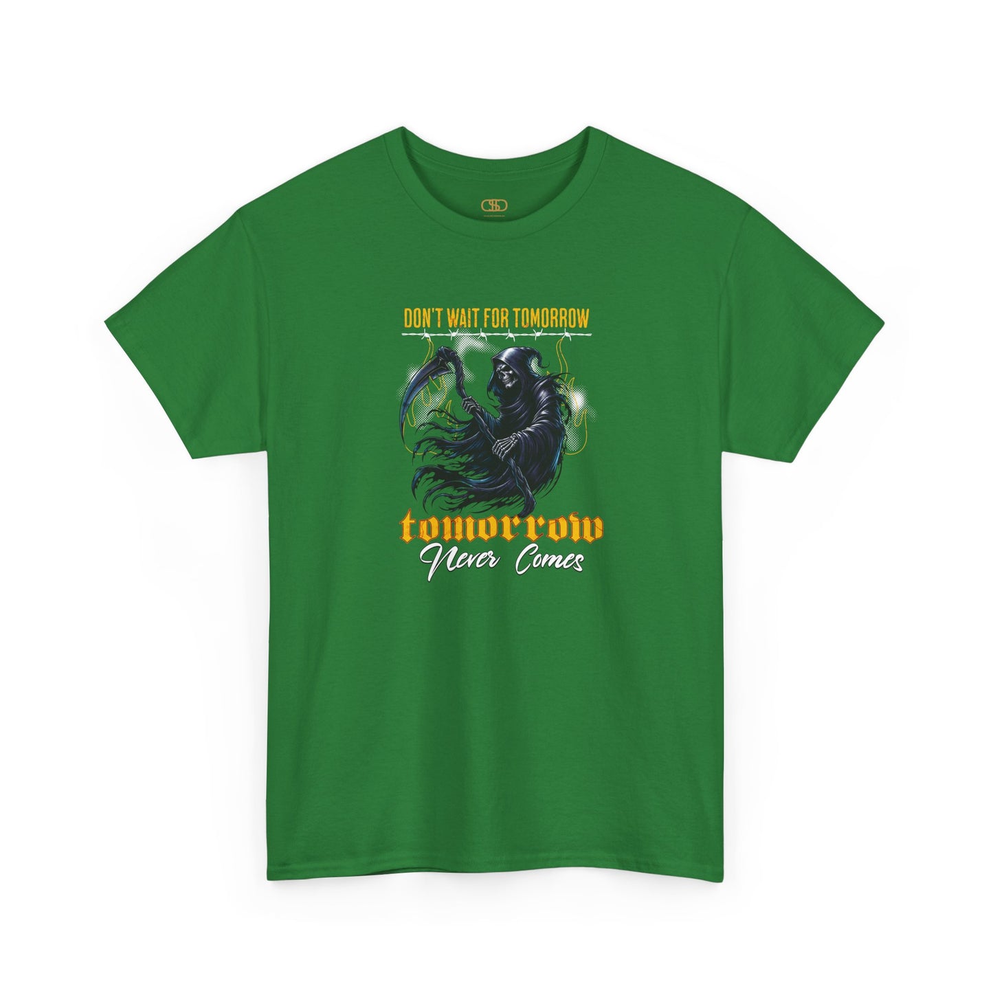 An Irish green t-shirt featuring a Grim Reaper holding scythe with "Don't Wait For Tomorrow Tomorrow Never Comes" text, dark gothic t-shirt design.