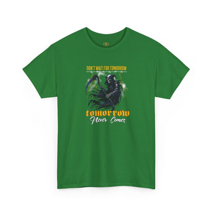 An Irish green t-shirt featuring a Grim Reaper holding scythe with "Don't Wait For Tomorrow Tomorrow Never Comes" text, dark gothic t-shirt design.