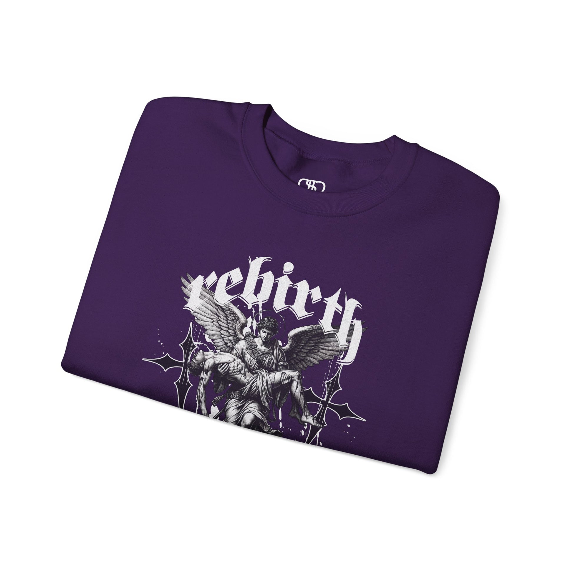 A folded purple Sweater featuring an Angel carrying a figure with "Rebirth" text, white and black gothic spiritual art apparel.