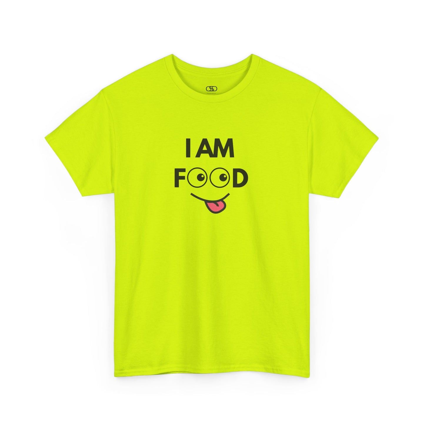 A safety green T-shirt with "I AM FOOD" text, where the 'OO' are cartoon eyes, and a tongue-out graphic.