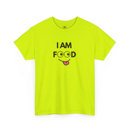 A safety green T-shirt with "I AM FOOD" text, where the 'OO' are cartoon eyes, and a tongue-out graphic.