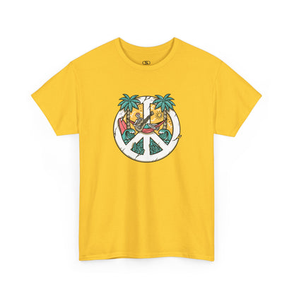 T-shirt showing a skeleton with a peace sign head, lying in a hammock playing a guitar between two palm trees with waves in the background.