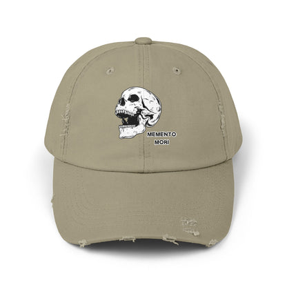 Memento Mori Distressed Hat – Skull Embroidered Cap with Gothic Flair