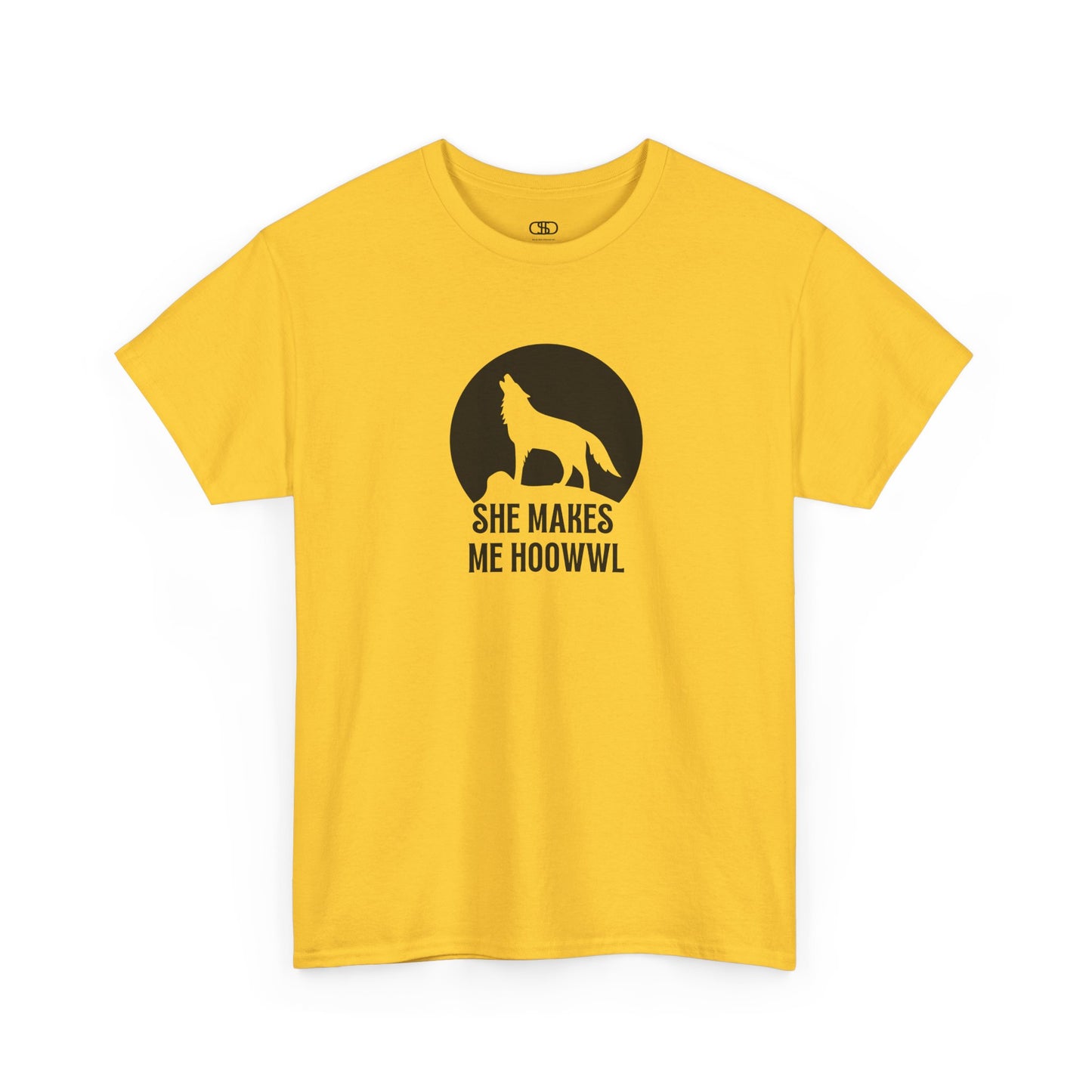 A daisy yellow T-shirt with a wolf silhouette howling at the moon on a cliff, and "She makes me HOOWWL" text.