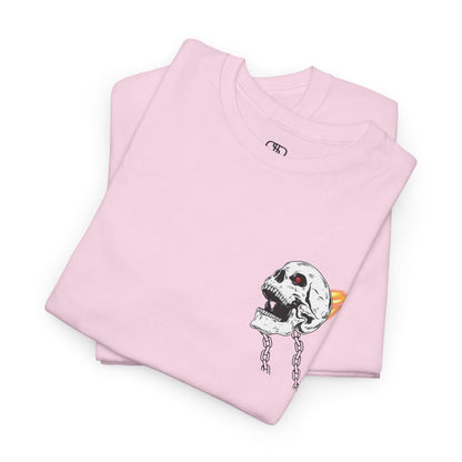 A folded light pink T-shirt with a daring skeleton graphic, red glowing eye, chains forming wings, and a flame background